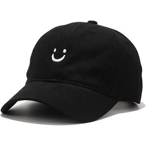 Unisex Black 100% Cotton Smile Face Embroidered Adjustable Classic Baseball Cap